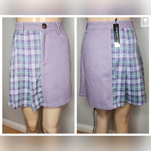 NWT Papermoom Mixed fabric Denim Pleated mini skirt. Purple green. Size Medium. - Picture 9 of 16